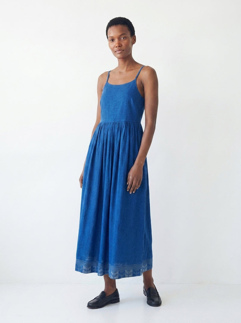 The Block Bloom Midi Dress-Cobalt Blue cotton jamdani dress by World of Crow in blue for women Worldwide