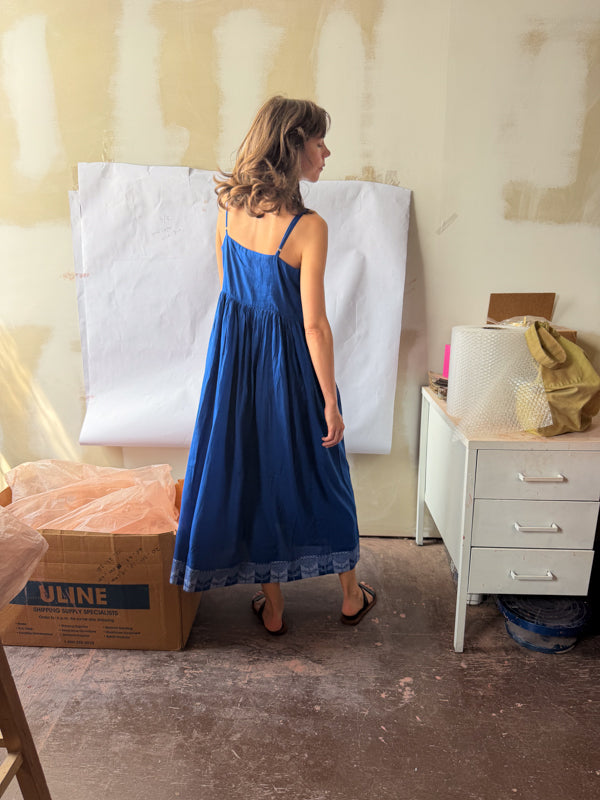 The Block Bloom Midi Dress-Cobalt Blue cotton jamdani dress by World of Crow in blue for women Worldwide