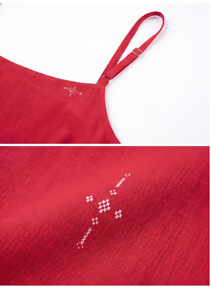 The Block Bloom Midi Dress-Red cotton jamdani dress by World of Crow in red for women Worldwide