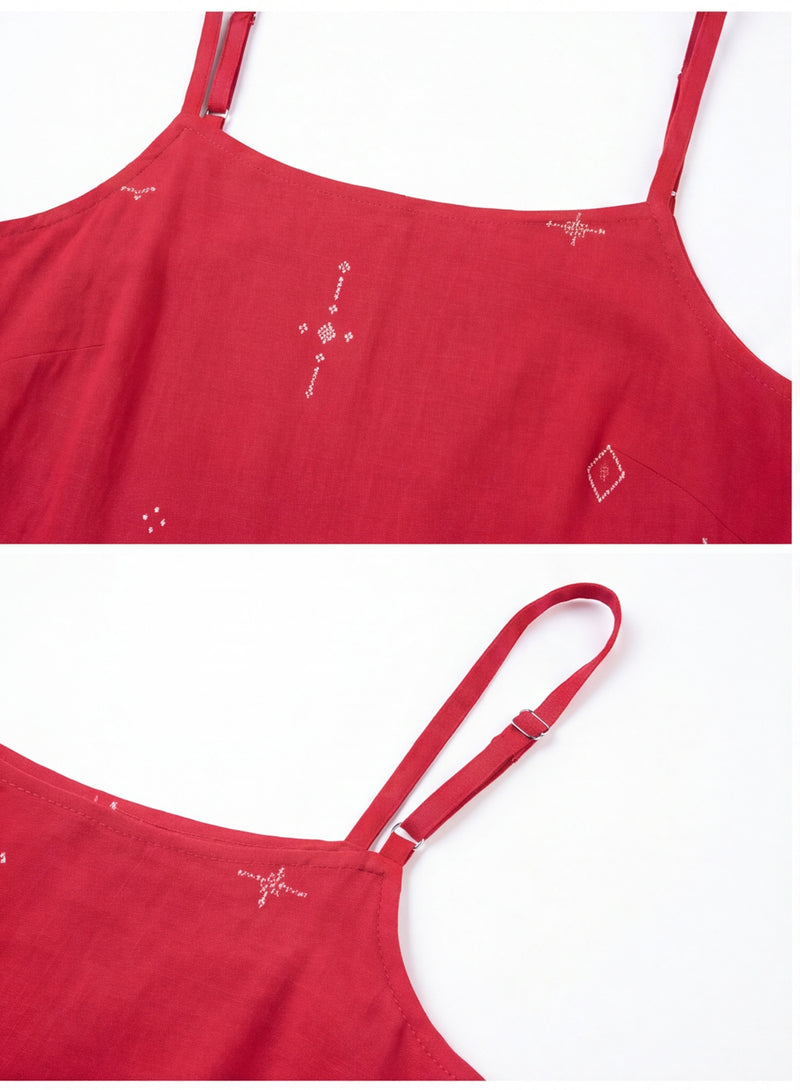 The Block Bloom Midi Dress-Red cotton jamdani dress by World of Crow in red for women Worldwide