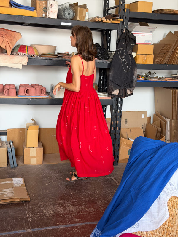 The Block Bloom Midi Dress-Red cotton jamdani dress by World of Crow in red for women Worldwide