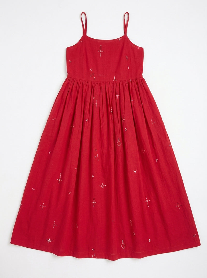 The Block Bloom Midi Dress-Red cotton jamdani dress by World of Crow in red for women Worldwide