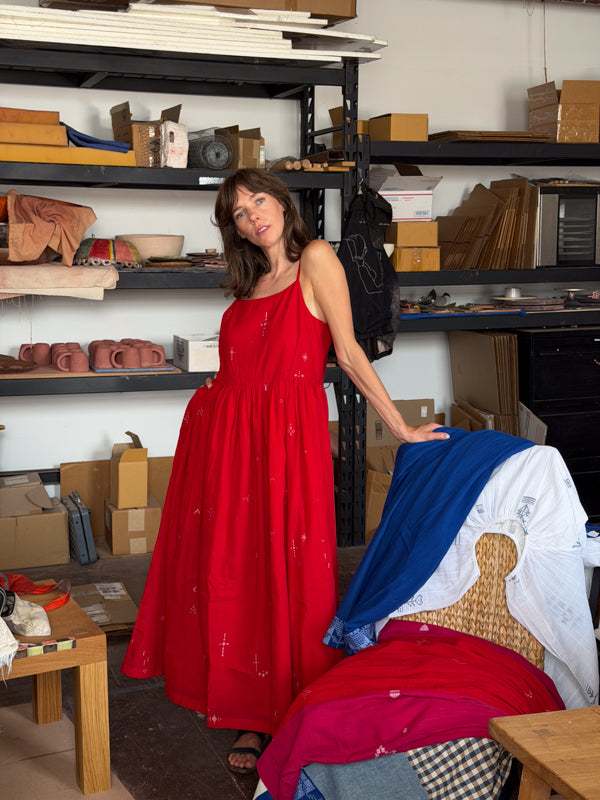 The Block Bloom Midi Dress-Red cotton jamdani dress by World of Crow in red for women Worldwide