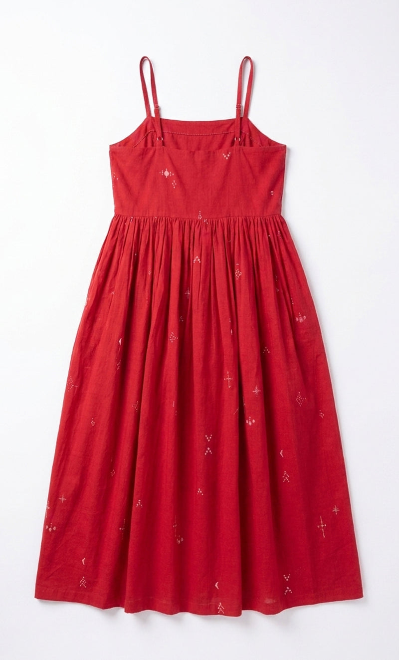 The Block Bloom Midi Dress-Red cotton jamdani dress by World of Crow in red for women Worldwide