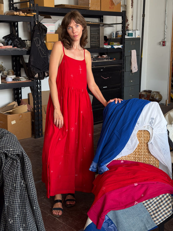 The Block Bloom Midi Dress-Red cotton jamdani dress by World of Crow in red for women Worldwide