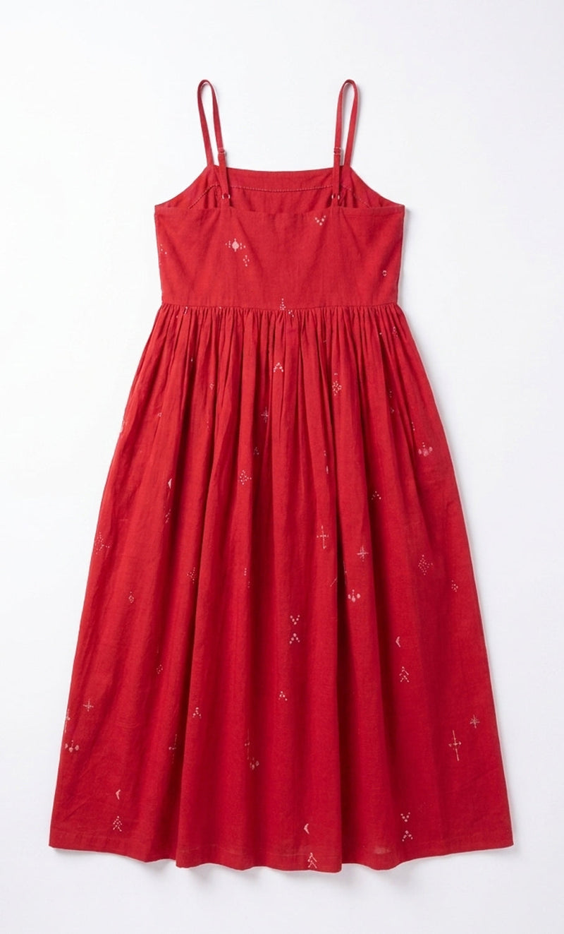 The Block Bloom Midi Dress-Red cotton jamdani dress by World of Crow in red for women Worldwide