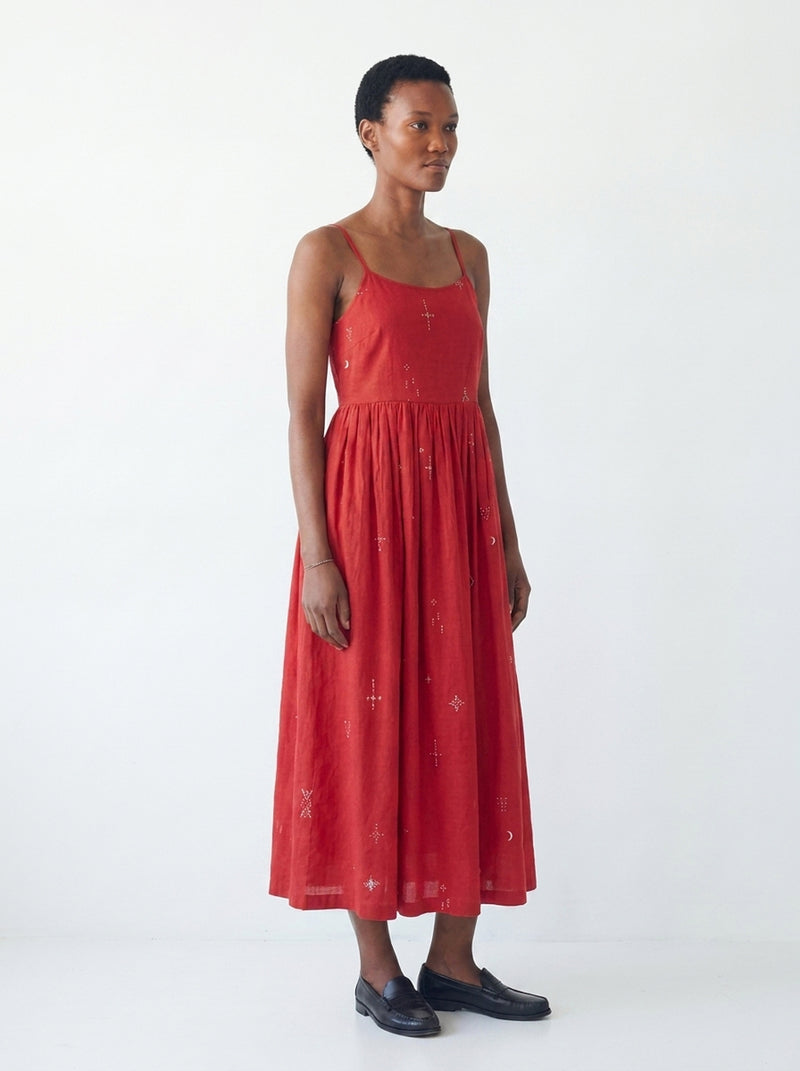 The Block Bloom Midi Dress-Red cotton jamdani dress by World of Crow in red for women Worldwide