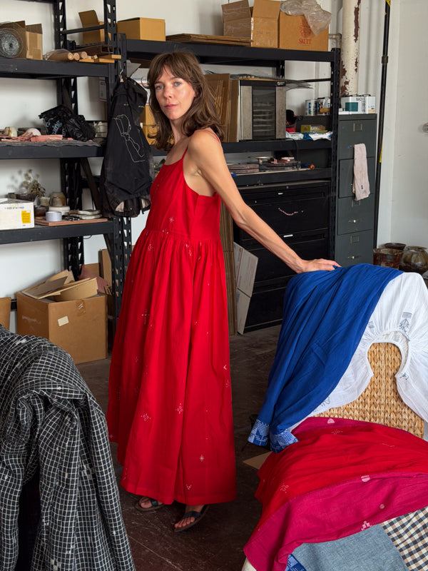 The Block Bloom Midi Dress-Red cotton jamdani dress by World of Crow in red for women Worldwide