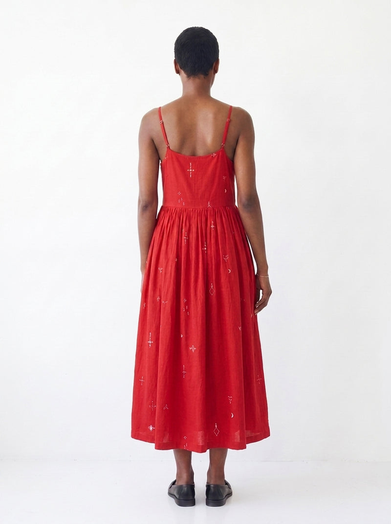 The Block Bloom Midi Dress-Red cotton jamdani dress by World of Crow in red for women Worldwide