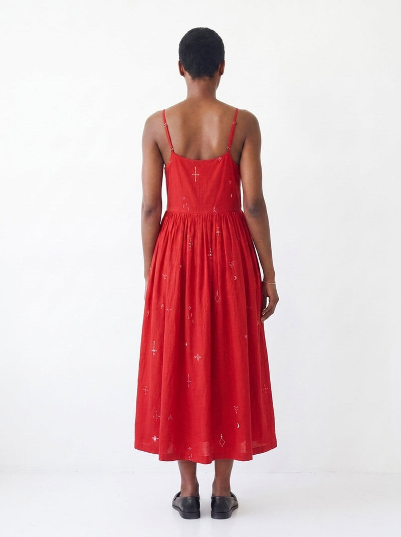 The Block Bloom Midi Dress-Red cotton jamdani dress by World of Crow in red for women Worldwide