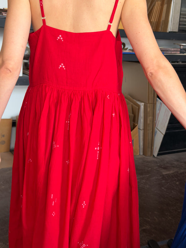 The Block Bloom Midi Dress-Red cotton jamdani dress by World of Crow in red for women Worldwide