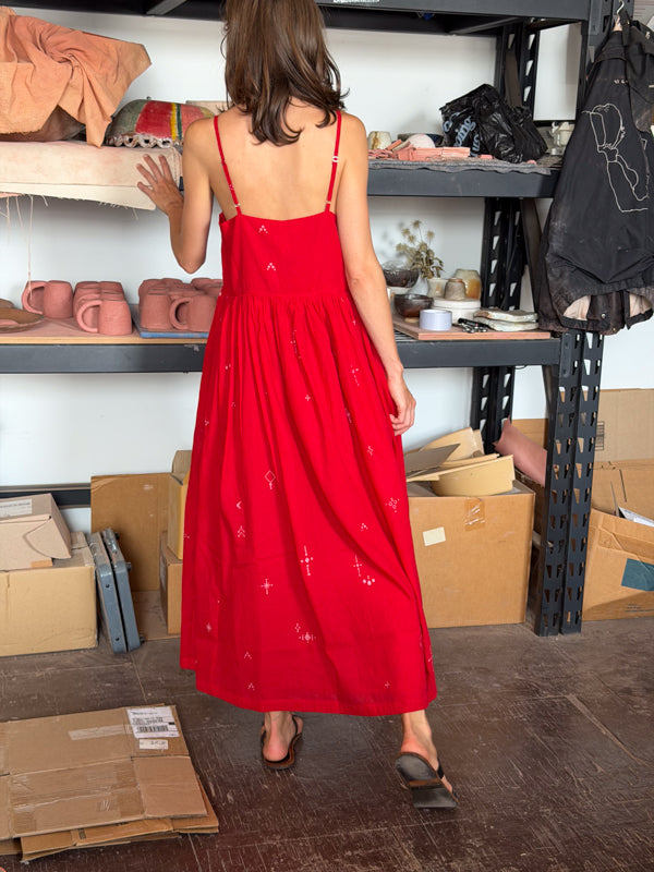 The Block Bloom Midi Dress-Red cotton jamdani dress by World of Crow in red for women Worldwide