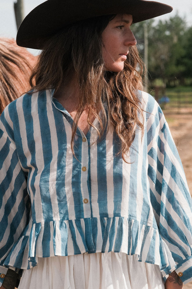 The Scarlet Frill Top in blue mul by World of Crow in multi color for women Worldwide