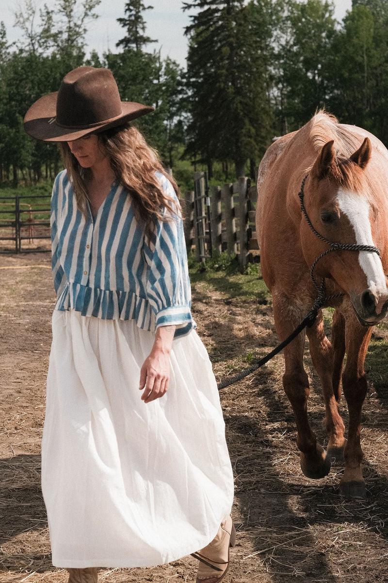 The Scarlet Frill Top in blue mul by World of Crow in multi color for women Worldwide