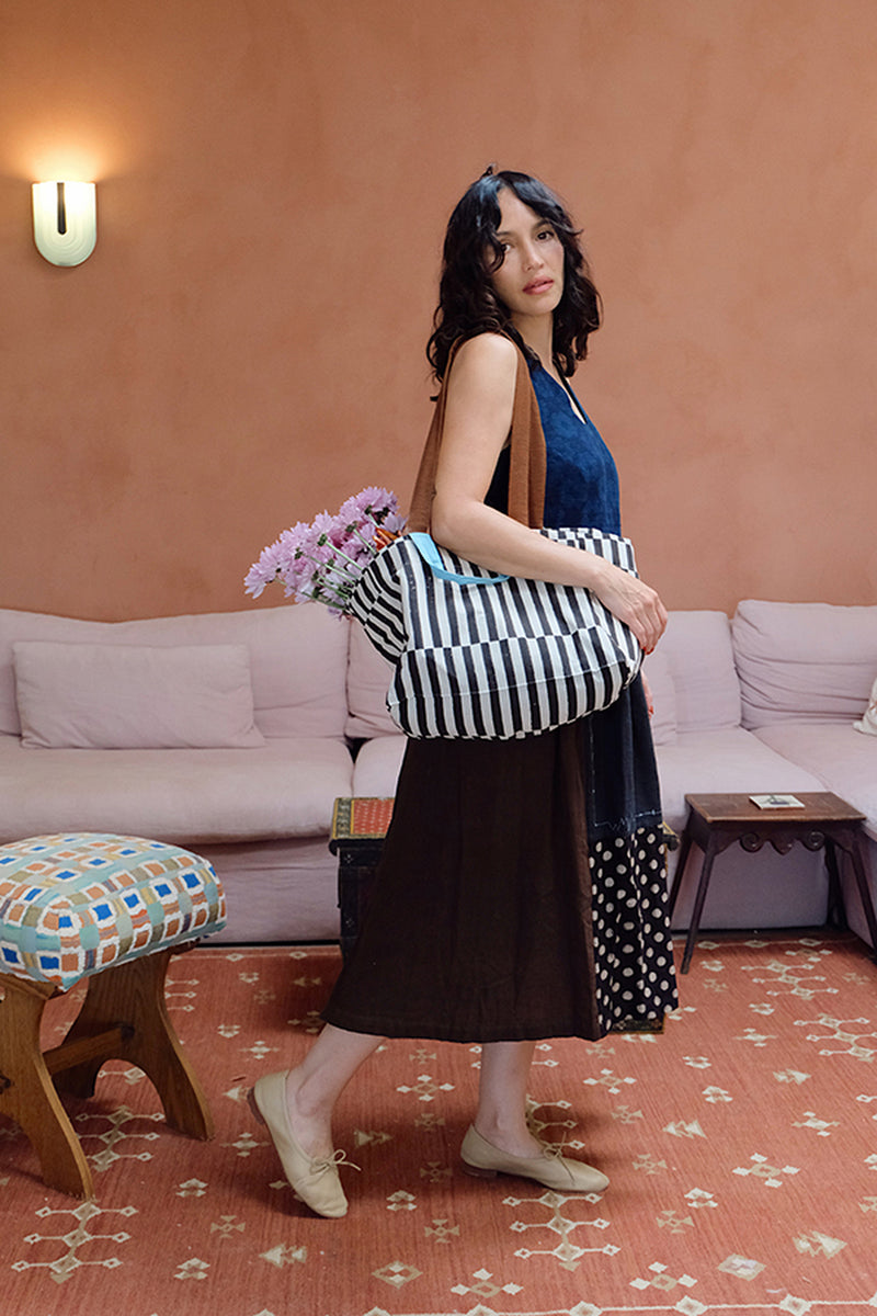 The Boat Bag-Monochrome Stripe hand block printed cotton bag by World of Crow in black,white for women Worldwide