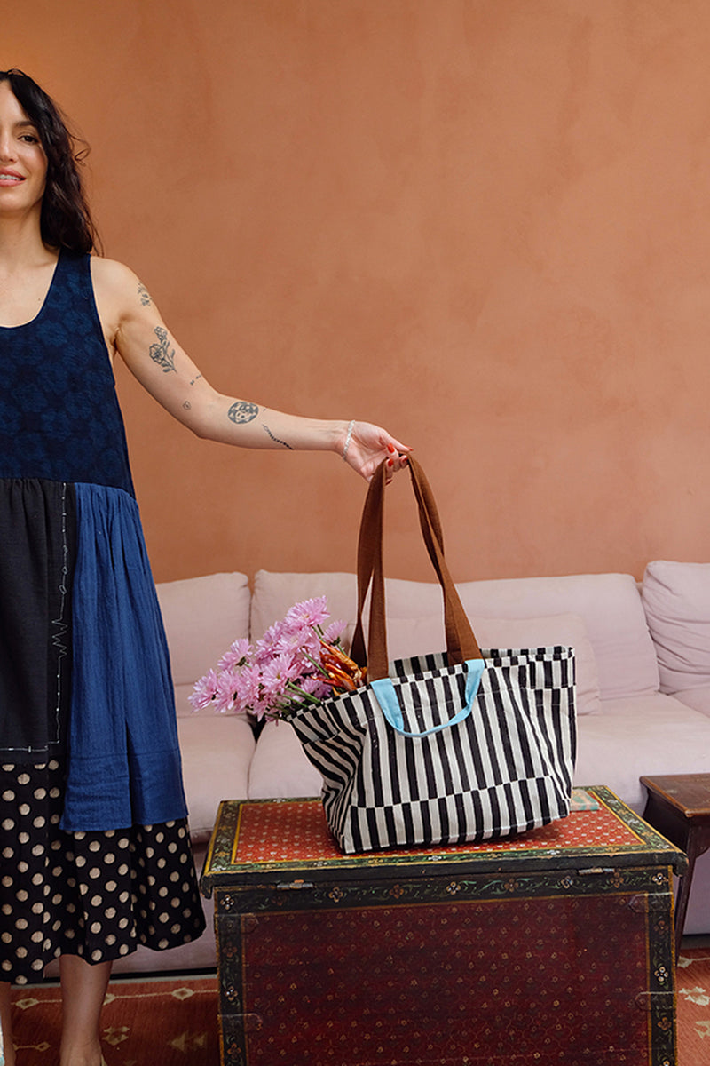 The Boat Bag-Monochrome Stripe hand block printed cotton bag by World of Crow in black,white for women Worldwide