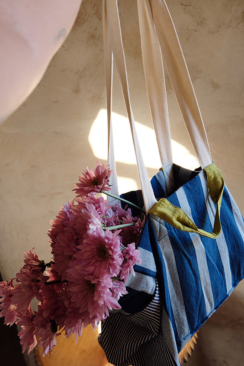 The Boat Tote-Indigo Stripe handwoven indigo khadi and fine-striped cotton bag by World of Crow in indigo,white for women Worldwide
