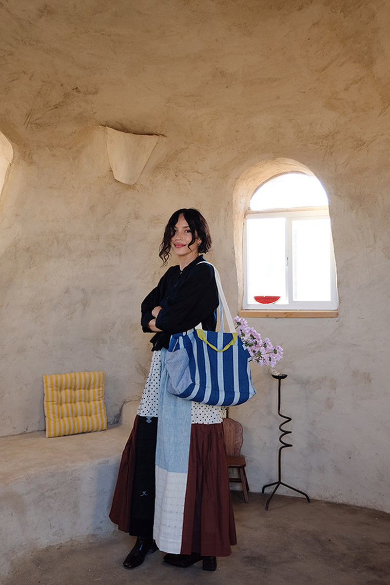 The Boat Tote-Indigo Stripe handwoven indigo khadi and fine-striped cotton bag by World of Crow in indigo,white for women Worldwide