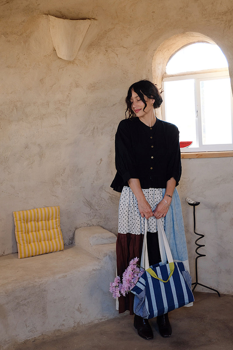 The Boat Tote-Indigo Stripe handwoven indigo khadi and fine-striped cotton bag by World of Crow in indigo,white for women Worldwide