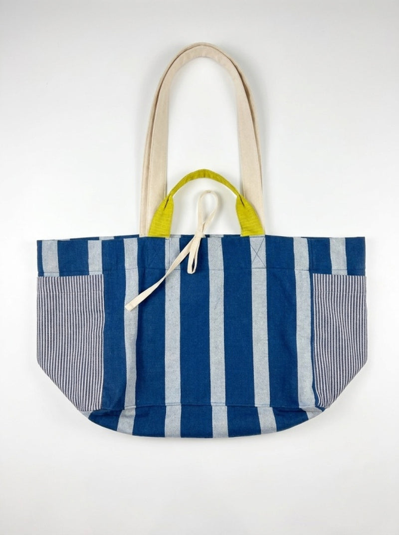 The Boat Tote-Indigo Stripe handwoven indigo khadi and fine-striped cotton bag by World of Crow in indigo,white for women Worldwide