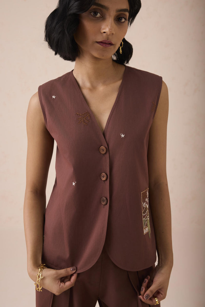 The Bright Beginnings Organic Cotton Waistcoat twill by SUI in brown color for women Worldwide