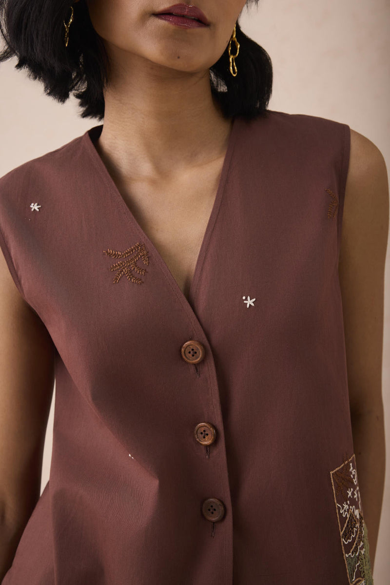 The Bright Beginnings Organic Cotton Waistcoat twill by SUI in brown color for women Worldwide
