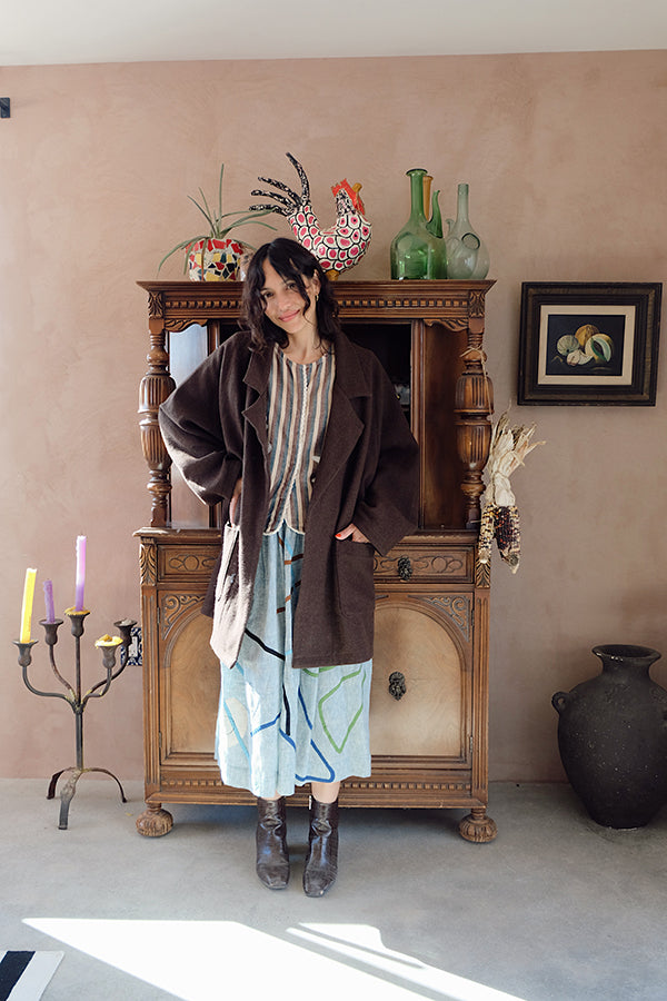 The Brown Vintage Artist Coat 100% handloom, hand-spun, and hand-woven natural himalayan sheep wool jacket/overlay by World of Crow in brown for women Worldwide