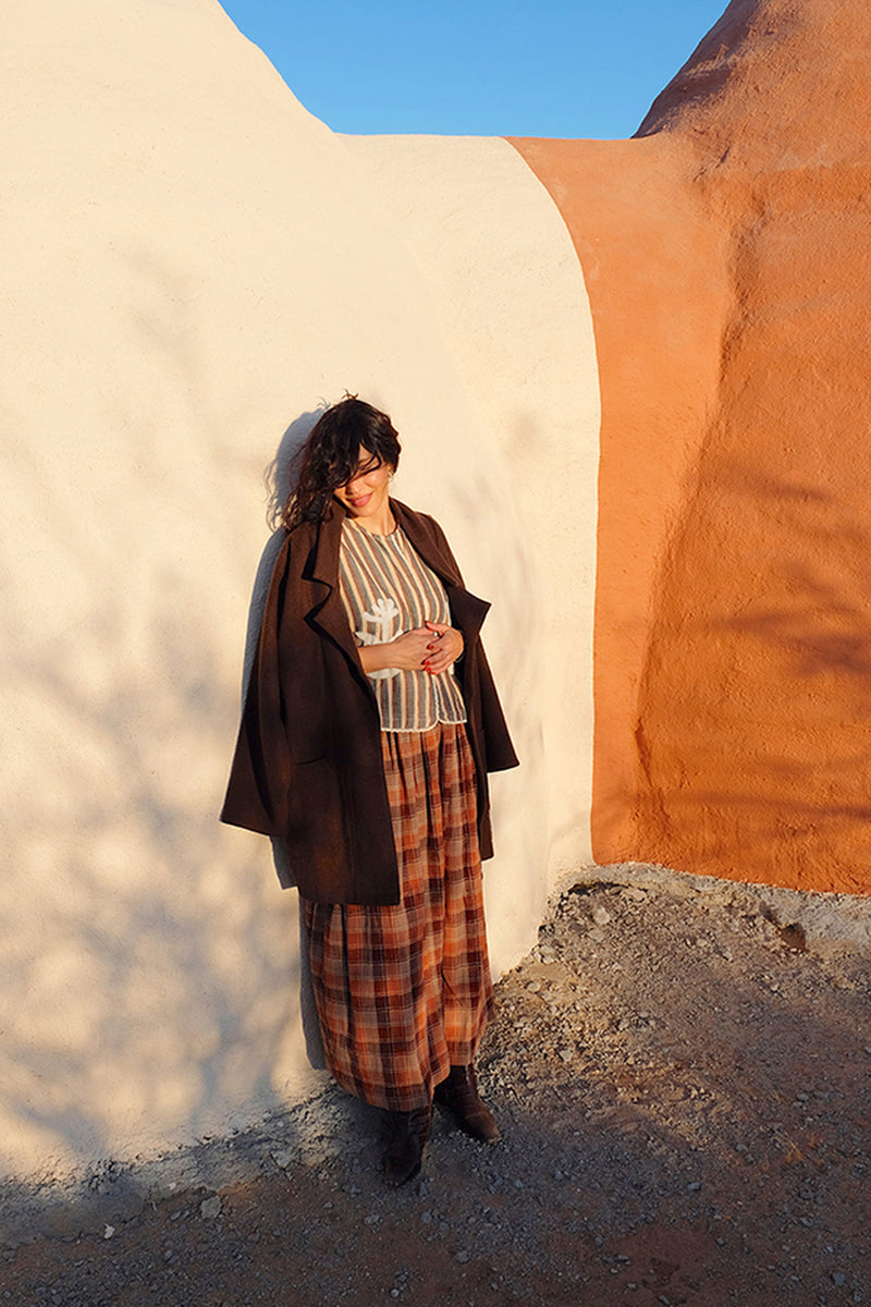 The Brown Vintage Artist Coat 100% handloom, hand-spun, and hand-woven natural himalayan sheep wool jacket/overlay by World of Crow in brown for women Worldwide