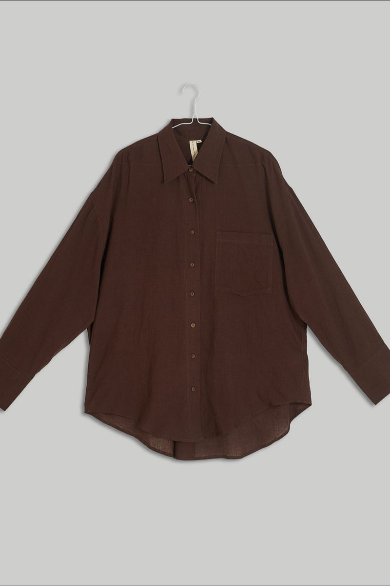 The Chocolate Brown Button-Down Shirt cotton by World of Crow in brown color for women Worldwide