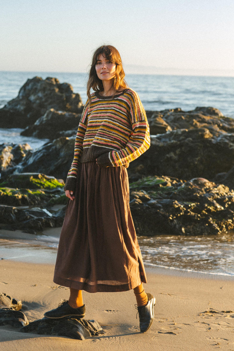 The Chocolate Brown Pull-on Skirt cotton by World of Crow in brown color for women Worldwide