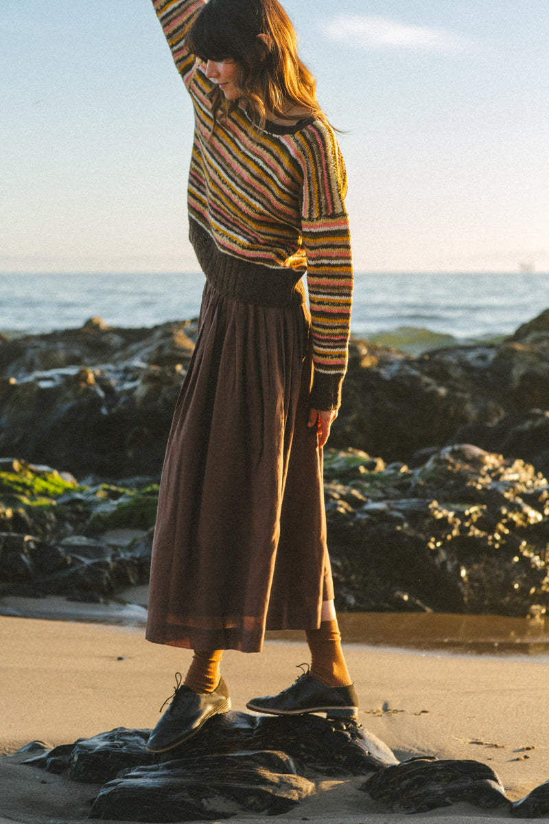 The Chocolate Brown Pull-on Skirt cotton by World of Crow in brown color for women Worldwide