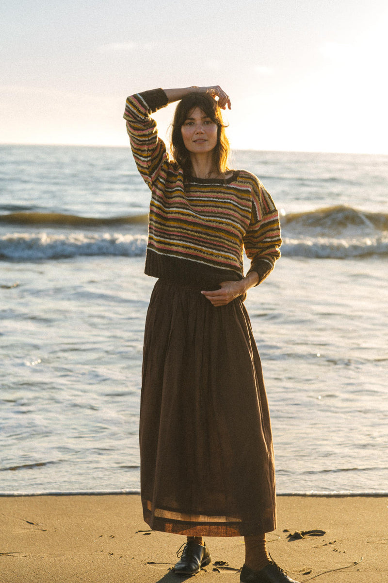The Chocolate Brown Pull-on Skirt cotton by World of Crow in brown color for women Worldwide