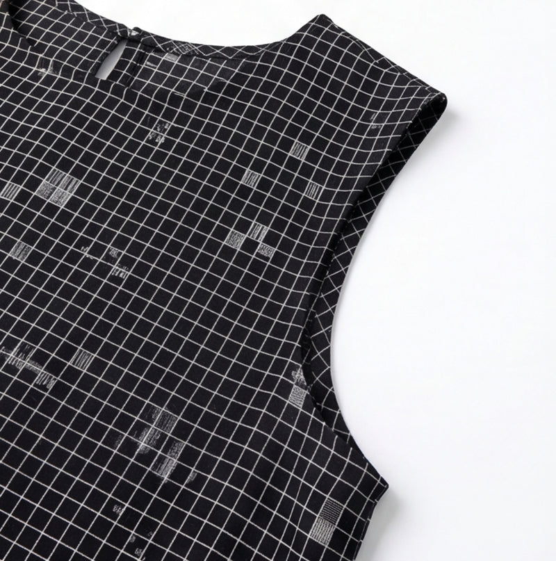 The Cinch Top–Black Grid Jamdani cotton jamdani top/shirt by World of Crow in black for women Worldwide