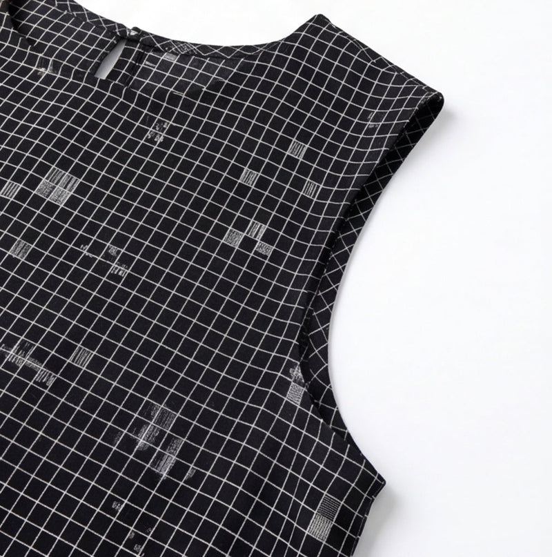 The Cinch Top–Black Grid Jamdani cotton jamdani top/shirt by World of Crow in black for women Worldwide