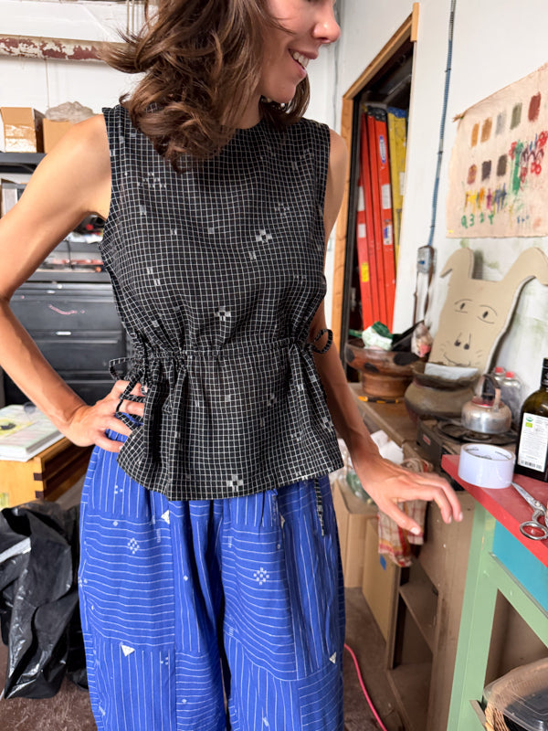 The Cinch Top–Black Grid Jamdani cotton jamdani top/shirt by World of Crow in black for women Worldwide