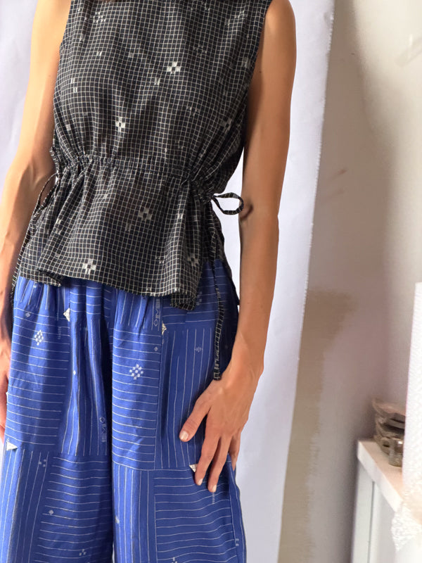The Cinch Top–Black Grid Jamdani cotton jamdani top/shirt by World of Crow in black for women Worldwide