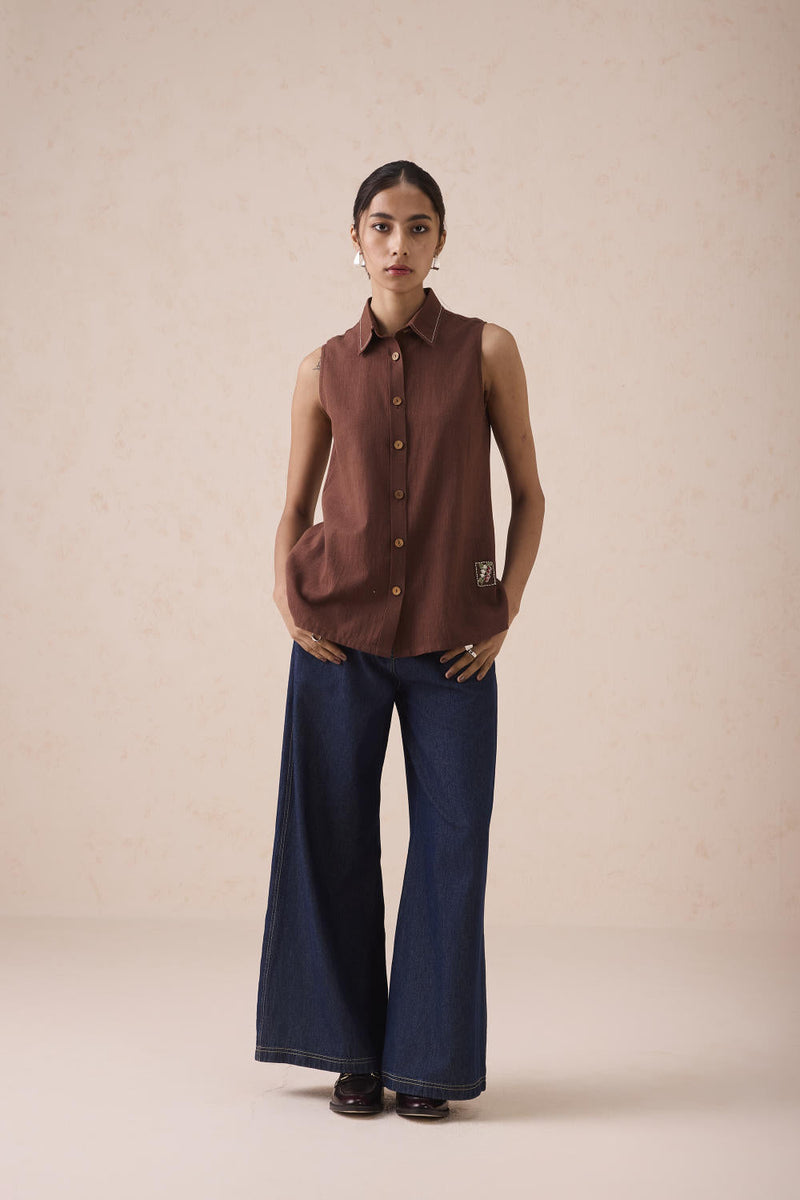 The Cocoa Handspun Handwoven Organic Cotton Sleeveless Shirt cotton by SUI in brown color for women Worldwide