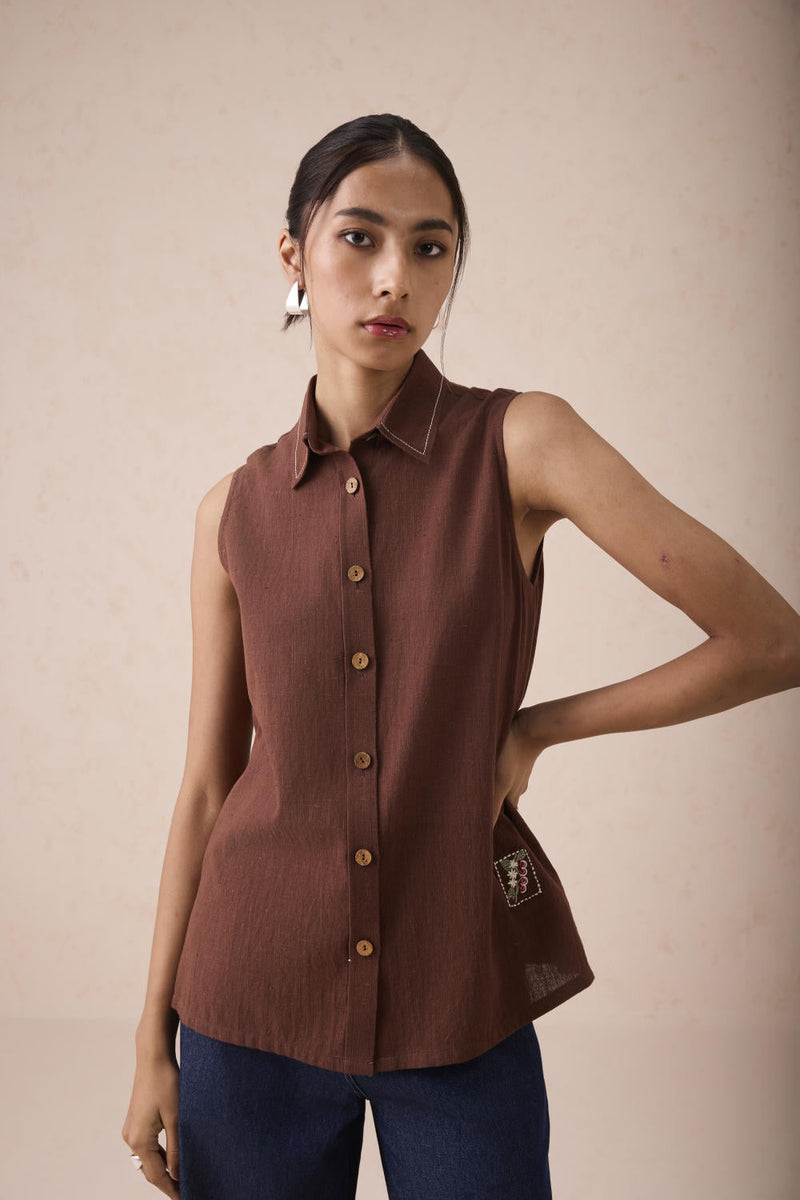 The Cocoa Handspun Handwoven Organic Cotton Sleeveless Shirt cotton by SUI in brown color for women Worldwide