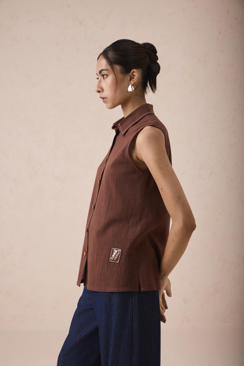 The Cocoa Handspun Handwoven Organic Cotton Sleeveless Shirt cotton by SUI in brown color for women Worldwide