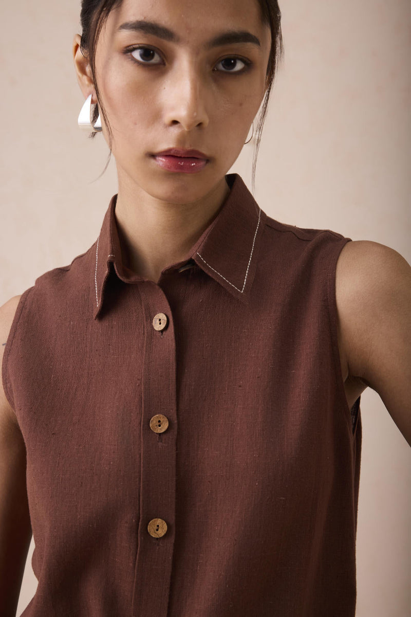 The Cocoa Handspun Handwoven Organic Cotton Sleeveless Shirt cotton by SUI in brown color for women Worldwide