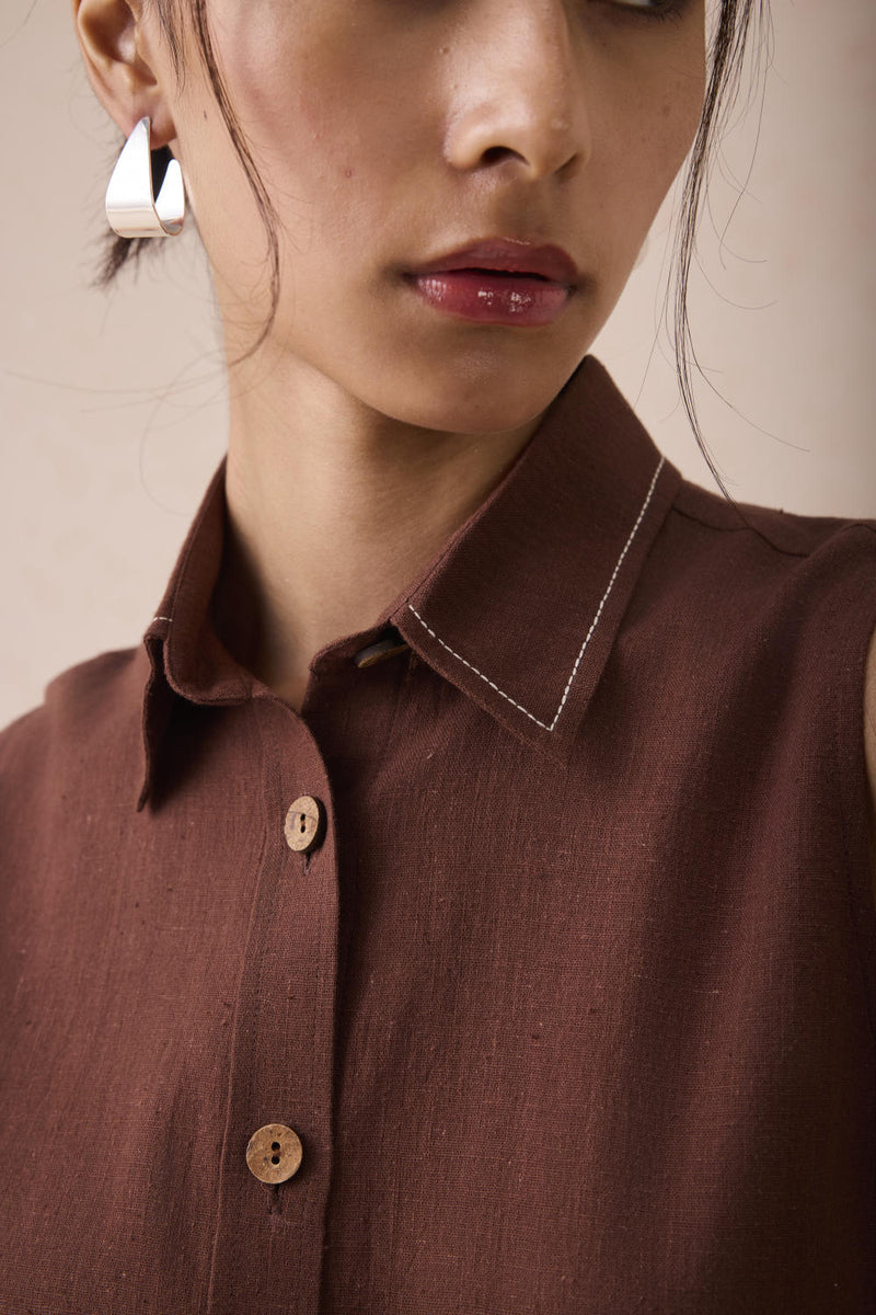 The Cocoa Handspun Handwoven Organic Cotton Sleeveless Shirt cotton by SUI in brown color for women Worldwide