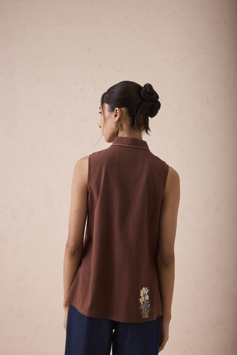 The Cocoa Handspun Handwoven Organic Cotton Sleeveless Shirt cotton by SUI in brown color for women Worldwide