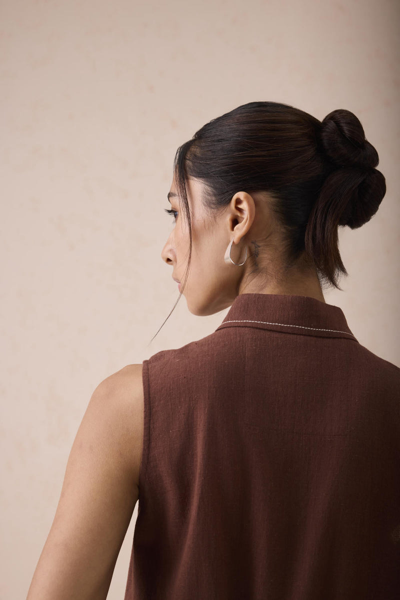 The Cocoa Handspun Handwoven Organic Cotton Sleeveless Shirt cotton by SUI in brown color for women Worldwide