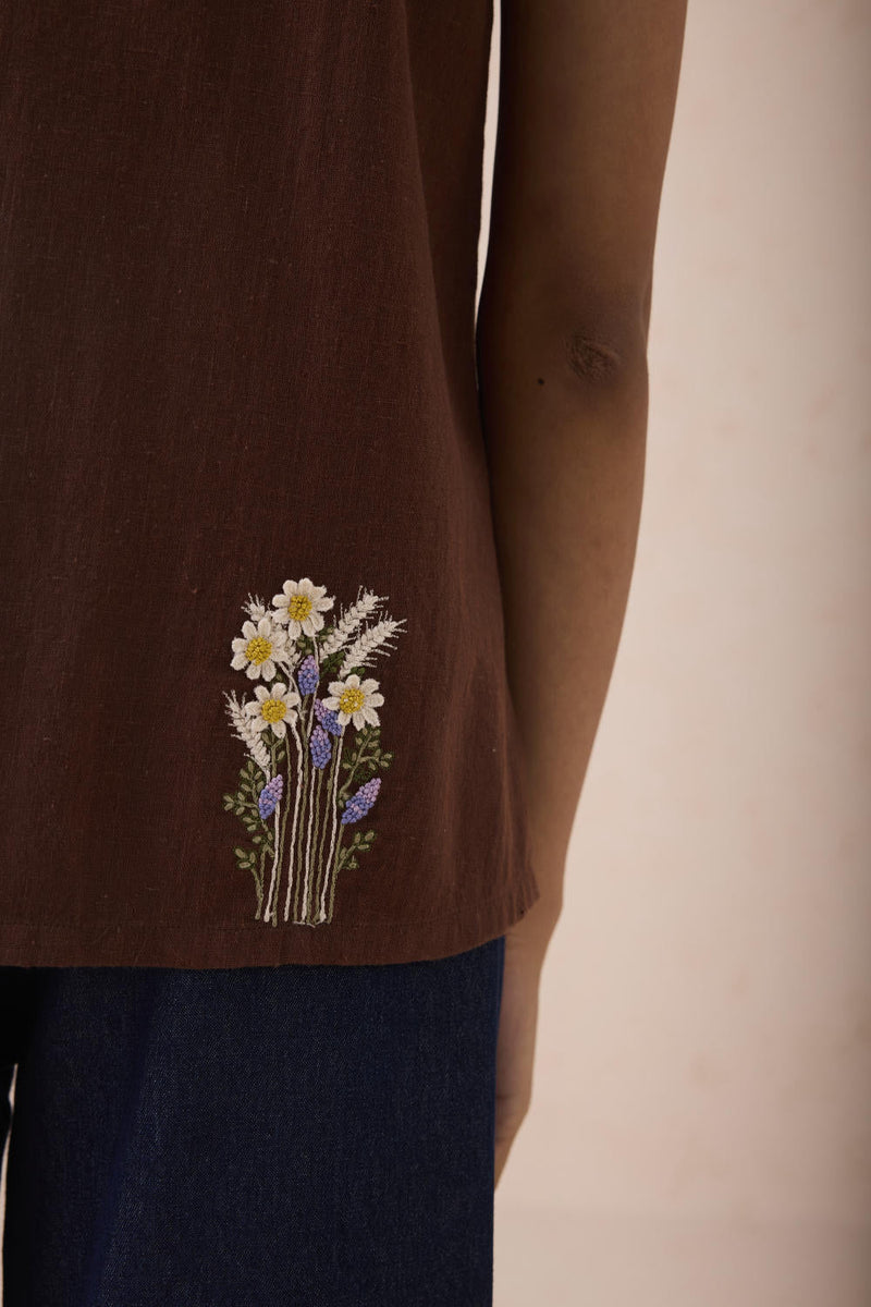 The Cocoa Handspun Handwoven Organic Cotton Sleeveless Shirt cotton by SUI in brown color for women Worldwide