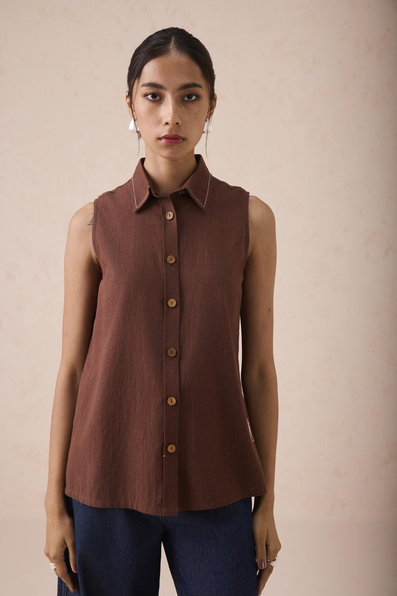 The Cocoa Handspun Handwoven Organic Cotton Sleeveless Shirt cotton by SUI in brown color for women Worldwide