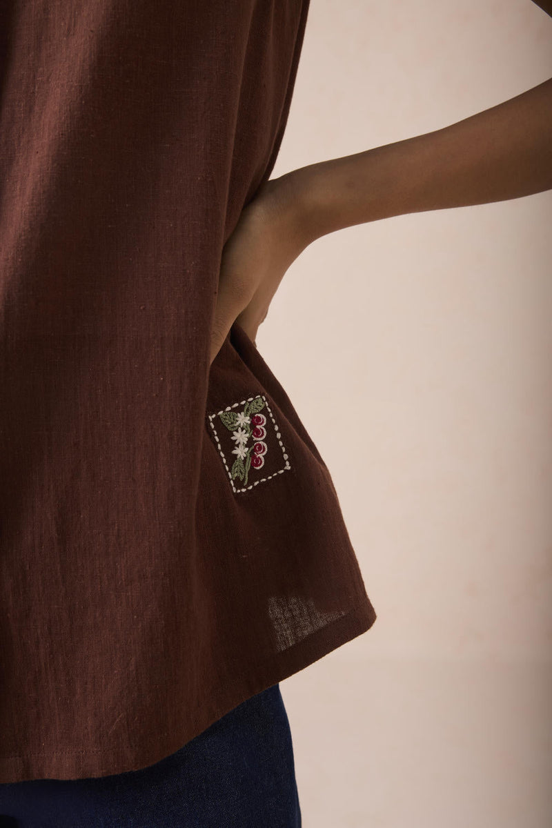 The Cocoa Handspun Handwoven Organic Cotton Sleeveless Shirt cotton by SUI in brown color for women Worldwide
