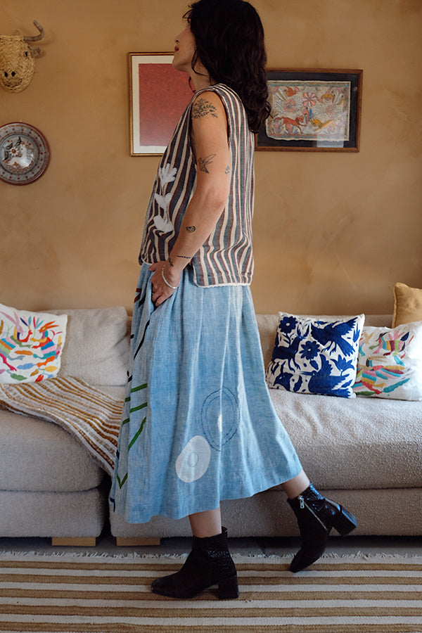 The Crayon Joy Skirt handwoven organic chambray cotton skirt by World of Crow in light blue indigo for women Worldwide