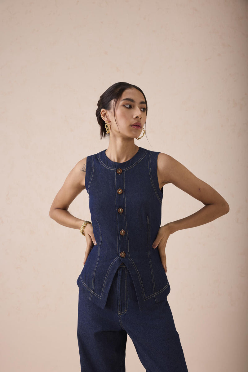 The Daydream Denim Waistcoat cotton by SUI in blue color for women Worldwide