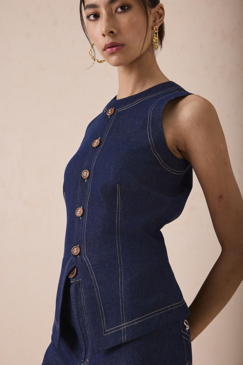 The Daydream Denim Waistcoat cotton by SUI in blue color for women Worldwide