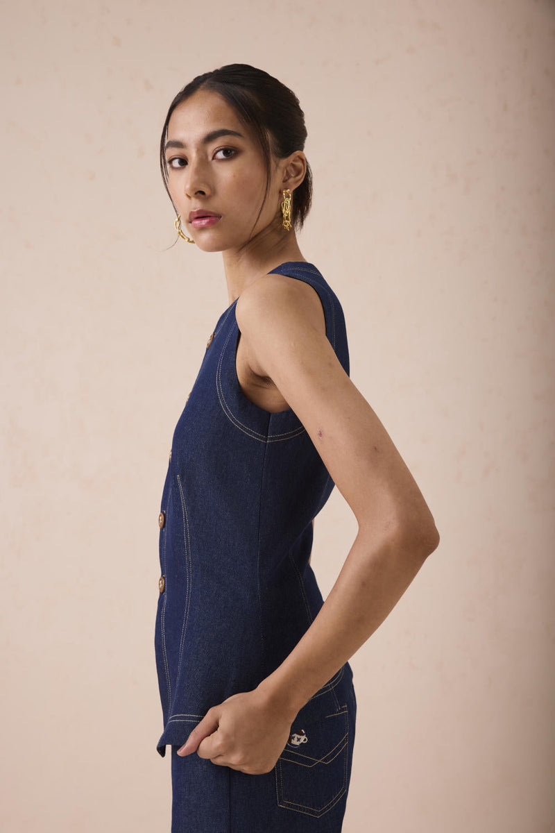 The Daydream Denim Waistcoat cotton by SUI in blue color for women Worldwide